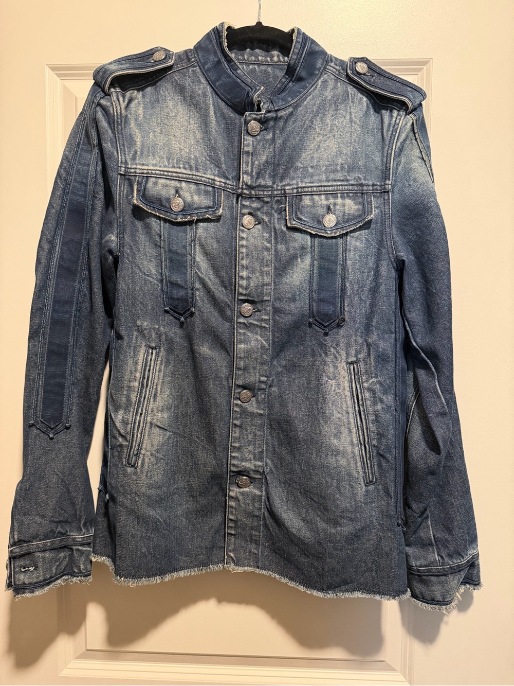 Balmain Paris Denim Military Jacket Size S Distressed Designer Luxury Authentic
